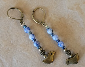 BIRD Sodalite Earrings, Picasso Seed Beads, Bronze Lever Back Ear wires BOHO