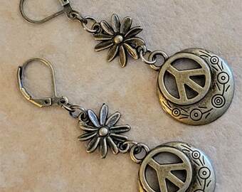 PEACE SIGN Daisy Flower Earrings Bronze Plated Brass Lever Back Earwires Bohemian