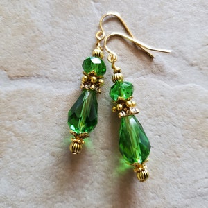 Green Crystal Teardrop Earrings, Gold Plated Stainless Steel Hook Ear Wires, Artisan Handcrafted, Large, Dangle