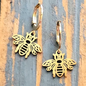 Gold HONEY BEE Stainless Steel Lever Back Earrings , Nature, Boho Flower, Spring