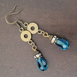 TEAL BLUE Crystal TEARDROP Bronze Tone Brass Fish Hook Earrings