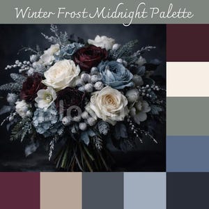May include: A floral arrangement featuring roses in white, burgundy, and blue hues, with frosted detailing. The image includes the text "Winter Frost Midnight Palette" and a complementary colour palette.