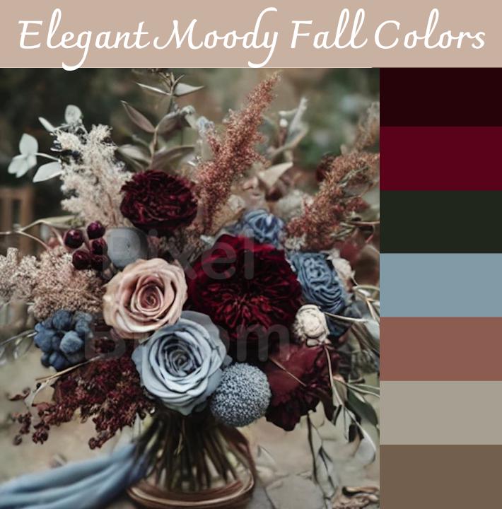 Elegant Moody Wedding Color Palette with Hex, CMYK, and RGB Codes