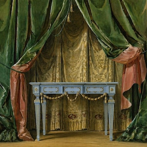 May include: An antique painting shows a blue table with gold detailing, positioned before green and gold draped curtains. The curtains are held back with pink fabric, creating a theatrical setting.