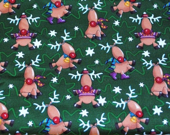 Fat Quarter Whimsical Christmas Reindeer with Big Red Noses Fabric