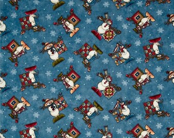 Fat Quarter Adorable Whimsical Quilts and Snowmen on a Blue Background