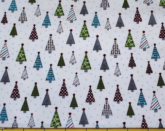 Fat Quarter Simple Patterned Christmas Trees in Beautiful Colors on an Off White with Light Blue Dots Background