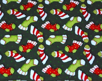 LAST ONE..... Fat Quarter Winter Stockings / Socks Christmas Colors on  Green Dotted Background Fabric