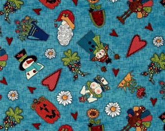 Fat Quarter Adorable Fabric to Celebrate all the Holidays / Seasons Teal Background