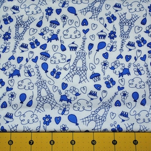 Fat Quarter Adorable Whimsical Paris Themed Doodle Line Drawings in Blue / Dark Periwinkle Fabric