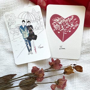 Valentine's Day greeting card featuring lovers under an umbrella, hearts and love, fashion illustration with flowers, cyanotype collage, handmade art card.