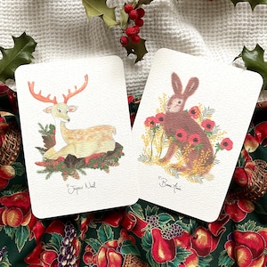 Carte postale Cerf, Lièvre Animaux d’hiver- Houx, Anémone, Mimosa- Joyeux Noël et Bonne Année -  Illustration, Impression d'art