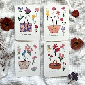 Postales Cesta Flores de temporada Primavera, Verano, Otoño e Invierno - Ilustración, Impresión de Arte