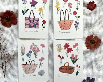 Postales Cesta Flores de temporada Primavera, Verano, Otoño e Invierno - Ilustración, Impresión de Arte