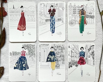 Fashion Greeting Card for Women with Flowers: Paris, London, New York, Tokyo, Rome, Amsterdam, Cyanotype Collage Illustration, Handmade Art Card