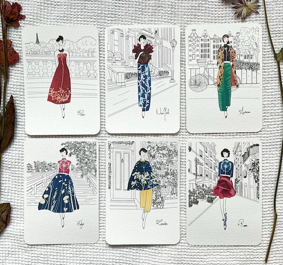Carte de voeux Mode Femme Fleurs Paris, London, New York, Tokyo, Rome, Amsterdam, Illustration Collage Cyanotype, Carte d'Art artisanale