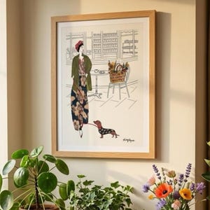Fashion poster of an elegant woman and her dog, PARIS, cyanotype and flowers, minimalist chic wall art