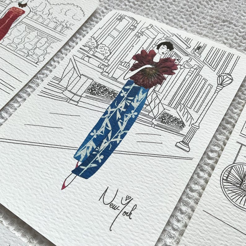 May include: A black and white illustration of a woman in a blue and white patterned dress holding a red flower. The woman is standing in front of a building with the text "New York" written below her.