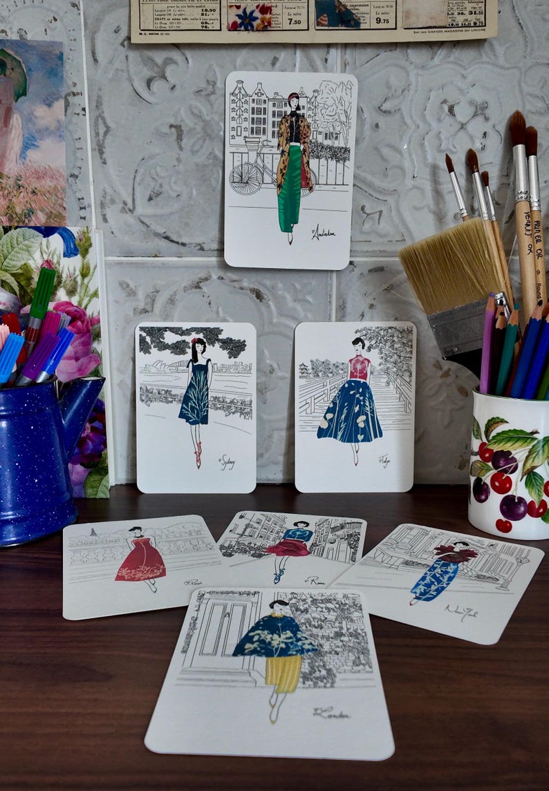 Fashion Greeting Card for Women with Flowers: Paris, London, New York, Tokyo, Rome, Amsterdam, Cyanotype Collage Illustration, Handmade Art Card image 7