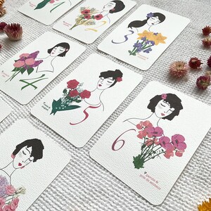 Greeting card for women featuring flowers of the month of birth and seasons, fashion illustration, birthday, and handcrafted art.