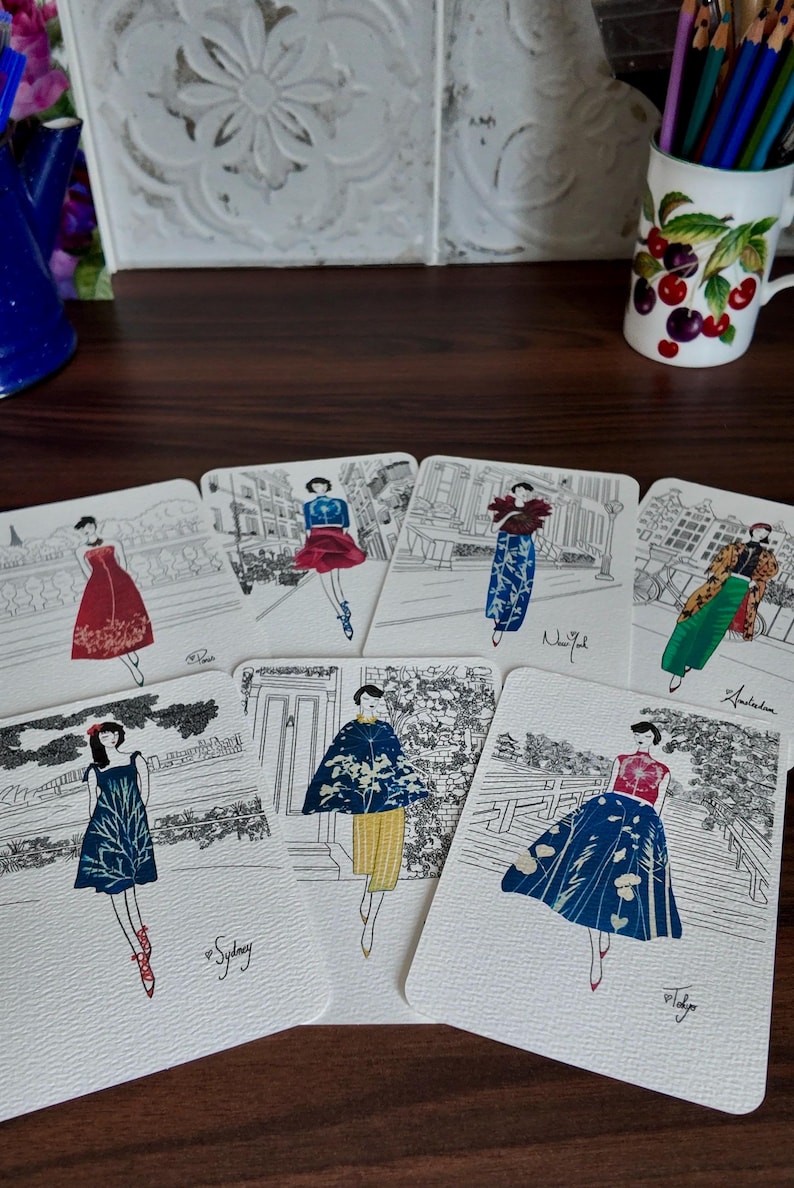 Fashion Greeting Card for Women with Flowers: Paris, London, New York, Tokyo, Rome, Amsterdam, Cyanotype Collage Illustration, Handmade Art Card image 9