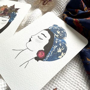 Women's Fashion Greeting Card with Flower, Hat, and Scarf, Cyanotype Collage Illustration, Handmade Art Card