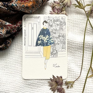 Carte postale Femme Fleur London mode - Illustration florale, Oshibana art et Cyanotype, Impression d'art