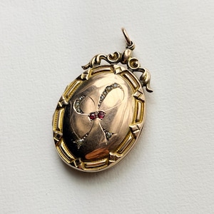 antique Victorian era 9ct locket rubies split pearl ribbon - unique statement collectors piece photo pendant