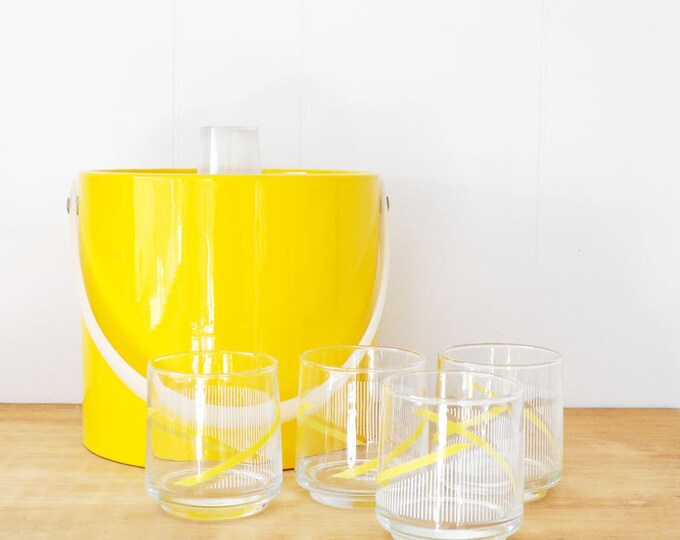 Vintage Mod Yellow Ice Bucket and Rocks Glass Set Summer Etsy