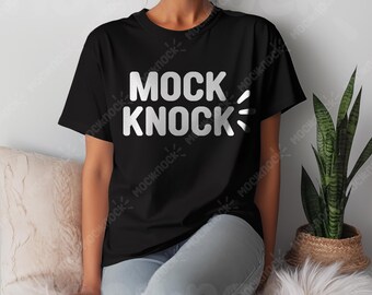 Bella Canvas 3001 Schwarzes Shirt Mockup | BC 3001 Schwarzes T-Shirt Mock-up| Schwarz Front Modell Mock | Minimales trendiges Herbst Boho Ästhetisches Tshirt