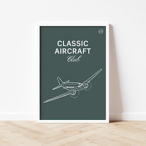 Classic Aircraft Club, Airplane Wall Art, Aviation Poster, DC 3, Vintage Airplane Decor, Present For Pilot, Gift For Plane Lover, WWII Plane