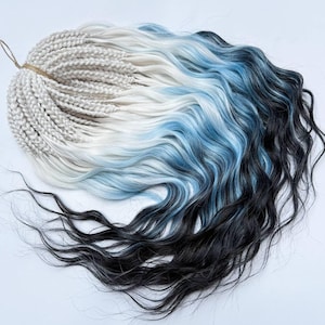 Synthetic braids extensions multicolor white blonde, blue, black. Synthetic double curls blonde ombre with blue and black. Afro braids boho