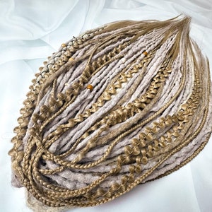 Mix of caramel,light brown,grey dreads,mixed textures.Double dreads in boho style. Long dreads brown, light.Complete set of synthetic dreads