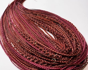 Extension of long dreads mix textures braids, twists, smooth dreads of burgundy, bronze, red colors. Laconic handmade dreads 25-27 inch long
