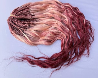 Extensiones de rastas con efecto degradado rojo / Puntas sueltas onduladas / Rastas rizadas / Rastas verdes / Rastas marrones