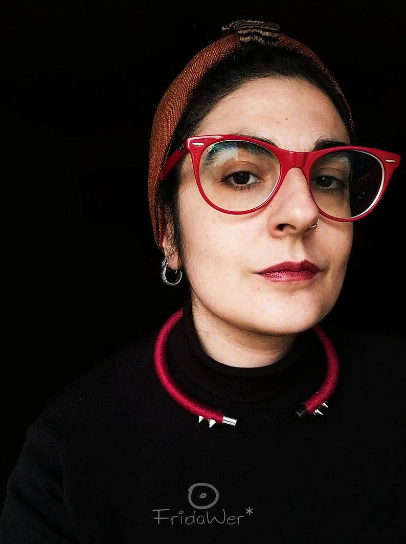 Dark red open necklace with spikes Studded necklace for women textile punk Neck ring collar necklace minimal jewellery