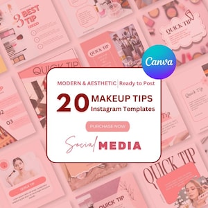 May include: A set of 20 pink and white Instagram templates for makeup tips. The templates feature the text "20 Makeup Tips" and "Social Media".