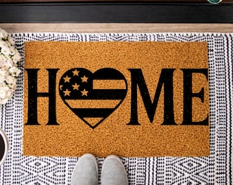 American Family Home Doormat, American Flag Heart Welcome Mat, 4th of July Door Mat, Independence Day Outdoor Rug, New Home Gift