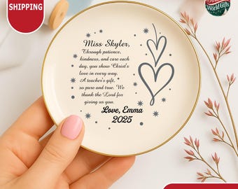Personalized Teacher Ring Dish, Custom Jewelry Tray, Thank You Teacher Gift, Gold Rim Trinket Dish, Christian Teacher Gift