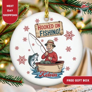 Personalized Fishing Ornament • Hooked on Fishing Christmas Gift • Custom Name Fisherman Ornament • Cute Fishing Boat Ceramic Decoration