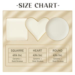 The image is a size chart that provides the dimensions of three different shapes: a square, a heart, and a round.