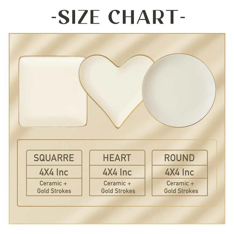 The image is a size chart that provides the dimensions of three different shapes: a square, a heart, and a round.