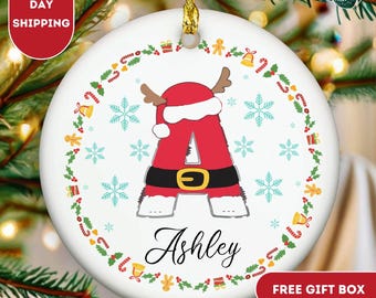 Personalized Christmas Letter Ornament, Custom Initial Santa Outfit Ornament, Cute Holiday Gift, Kids Name Ornament, Christmas Tree Decor