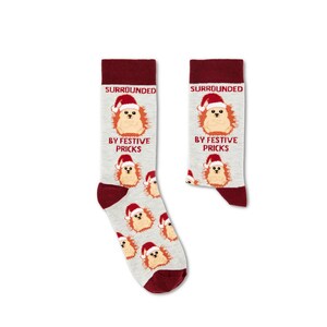 Könnte beinhalten: Ein Paar graue und rote Socken mit einem Weihnachts-Igel-Design. Die Socken haben den Text "Surrounded by Festive Pricks" aufgedruckt.