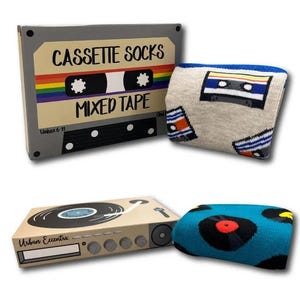 Retro Music Socks | Cassette Tape & Vinyl Record Design, Gift Box (2 Pairs)