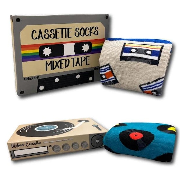 Retro Music Socks | Cassette Tape & Vinyl Record Design, Gift Box (2 Pairs)
