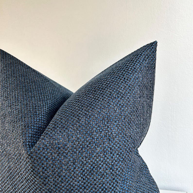 Blue Black Decorative Pillow Cover, Navy Linen Cushion for Couch, Dark