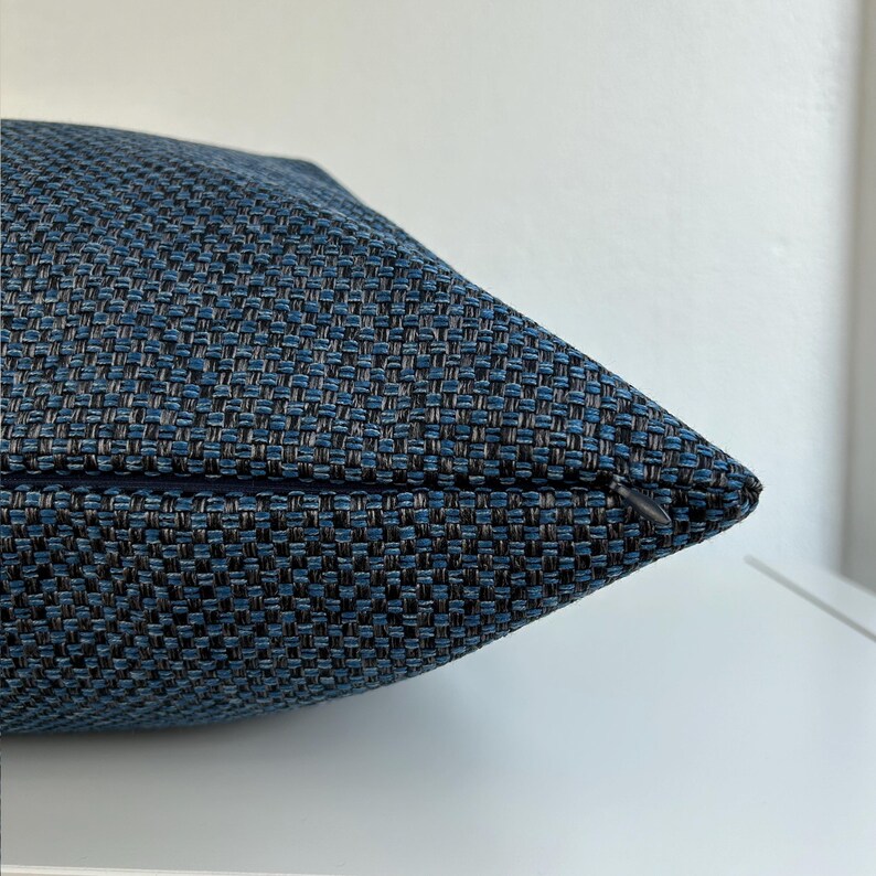 Blue Black Decorative Pillow Cover, Navy Linen Cushion for Couch, Dark