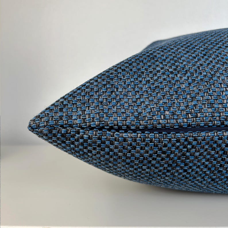 Blue Black Decorative Pillow Cover, Navy Linen Cushion for Couch, Dark