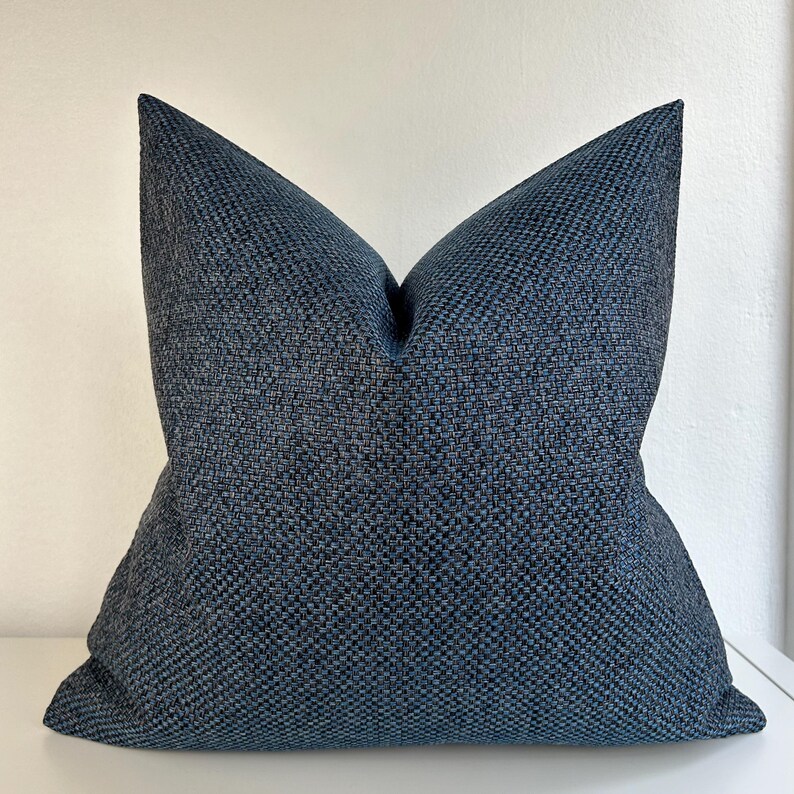 Blue Black Decorative Pillow Cover, Navy Linen Cushion for Couch, Dark